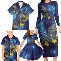 New Zealand Kokako Bird Family Matching Long Sleeve Bodycon Dress and Hawaiian Shirt Kowhai Galaxy Style Polynesian Pattern LT22 - Polynesian Pride