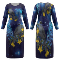 New Zealand Kokako Bird Family Matching Long Sleeve Bodycon Dress and Hawaiian Shirt Kowhai Galaxy Style Polynesian Pattern LT22 Mom's Dress Blue - Polynesian Pride