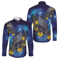 New Zealand Kokako Bird Family Matching Long Sleeve Bodycon Dress and Hawaiian Shirt Kowhai Galaxy Style Polynesian Pattern LT22 Dad's Shirt - Long Sleeve Blue - Polynesian Pride