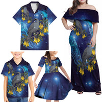 New Zealand Kokako Bird Family Matching Off Shoulder Maxi Dress and Hawaiian Shirt Kowhai Galaxy Style Polynesian Pattern