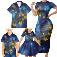 New Zealand Kokako Bird Family Matching Short Sleeve Bodycon Dress and Hawaiian Shirt Kowhai Galaxy Style Polynesian Pattern LT22 - Polynesian Pride