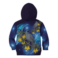 New Zealand Kokako Bird Kid Hoodie Kowhai Galaxy Style Polynesian Pattern