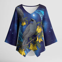 New Zealand Kokako Bird Kimono Sleeve Blouse Kowhai Galaxy Style Polynesian Pattern