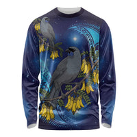 New Zealand Kokako Bird Long Sleeve Shirt Kowhai Galaxy Style Polynesian Pattern