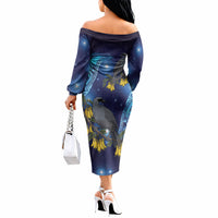 New Zealand Kokako Bird Off The Shoulder Long Sleeve Dress Kowhai Galaxy Style Polynesian Pattern LT22 - Polynesian Pride