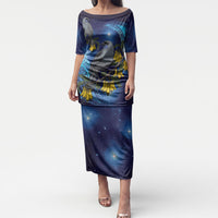 New Zealand Kokako Bird Puletasi Kowhai Galaxy Style Polynesian Pattern LT22 Long Dress Blue - Polynesian Pride