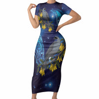 New Zealand Kokako Bird Short Sleeve Bodycon Dress Kowhai Galaxy Style Polynesian Pattern LT22 Long Dress Blue - Polynesian Pride
