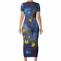 New Zealand Kokako Bird Short Sleeve Bodycon Dress Kowhai Galaxy Style Polynesian Pattern LT22 - Polynesian Pride