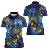 New Zealand Kokako Bird Women Polo Shirt Kowhai Galaxy Style Polynesian Pattern
