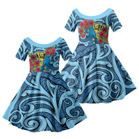 Personalised New Zealand Father's Day Family Matching Off Shoulder Short Dress and Hawaiian Shirt Best Dad Trophy Red Rose Maori Pattern LT22 Daughter's Dress Blue - Polynesian Pride