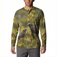 New Zealand Kaka Bird Button Sweatshirt Kowhai Flower Landscape Style