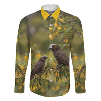 New Zealand Kaka Bird Family Matching Off Shoulder Maxi Dress and Hawaiian Shirt Kowhai Flower Landscape Style LT22 Dad's Shirt - Long Sleeve Green - Polynesian Pride