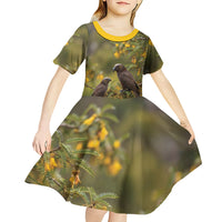 New Zealand Kaka Bird Kid Short Sleeve Dress Kowhai Flower Landscape Style