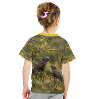 New Zealand Kaka Bird Kid T Shirt Kowhai Flower Landscape Style
