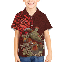 New Zealand Kaka Bird Personalised Family Matching Short Sleeve Bodycon Dress and Hawaiian Shirt Pohutukawa Matariki Maori Pattern LT22 Son's Shirt Red - Polynesian Pride