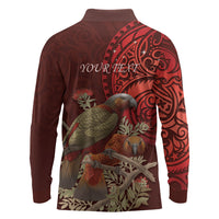New Zealand Kaka Bird Personalised Long Sleeve Polo Shirt Pohutukawa Matariki Maori Pattern