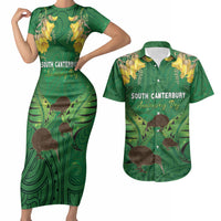 Personalised South Canterbury Anniversary Day Couples Matching Short Sleeve Bodycon Dress and Hawaiian Shirt Kiwi Kowhai Silver Fern Maori Pattern LT22 Green - Polynesian Pride