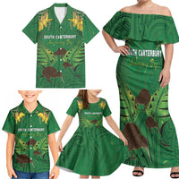 Personalised South Canterbury Anniversary Day Family Matching Off Shoulder Maxi Dress and Hawaiian Shirt Kiwi Kowhai Silver Fern Maori Pattern LT22 - Polynesian Pride