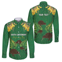 Personalised South Canterbury Anniversary Day Family Matching Off Shoulder Short Dress and Hawaiian Shirt Kiwi Kowhai Silver Fern Maori Pattern LT22 Dad's Shirt - Long Sleeve Green - Polynesian Pride