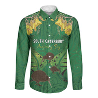 Personalised South Canterbury Anniversary Day Long Sleeve Button Shirt Kiwi Kowhai Silver Fern Maori Pattern LT22 Unisex Green - Polynesian Pride