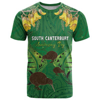Personalised South Canterbury Anniversary Day T Shirt Kiwi Kowhai Silver Fern Maori Pattern LT22 Green - Polynesian Pride