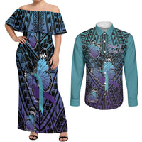 Personalised New Zealand Suicide Prevention Month Couples Matching Off Shoulder Maxi Dress and Long Sleeve Button Shirt Maori Mauri Tu Mauri Ora Polynesian Pattern