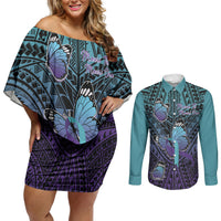 Personalised New Zealand Suicide Prevention Month Couples Matching Off Shoulder Short Dress and Long Sleeve Button Shirt Maori Mauri Tu Mauri Ora Polynesian Pattern