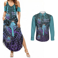 Personalised New Zealand Suicide Prevention Month Couples Matching Summer Maxi Dress and Long Sleeve Button Shirt Maori Mauri Tu Mauri Ora Polynesian Pattern