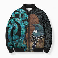 New Zealand Tui Bird Wahaika Bomber Puffer Jacket Maori Weapon Paua Shell Koru Pattern