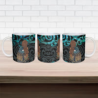 New Zealand Tui Bird Wahaika Ceramic Mug Maori Weapon Paua Shell Koru Pattern