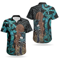 New Zealand Tui Bird Wahaika Couples Matching Off Shoulder Short Dress and Hawaiian Shirt Maori Weapon Paua Shell Koru Pattern