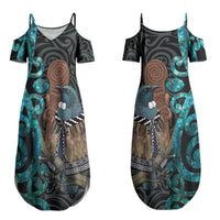 New Zealand Tui Bird Wahaika Couples Matching Summer Maxi Dress and Hawaiian Shirt Maori Weapon Paua Shell Koru Pattern