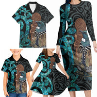 New Zealand Tui Bird Wahaika Family Matching Long Sleeve Bodycon Dress and Hawaiian Shirt Maori Weapon Paua Shell Koru Pattern LT22 - Polynesian Pride