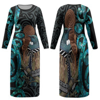 New Zealand Tui Bird Wahaika Family Matching Long Sleeve Bodycon Dress and Hawaiian Shirt Maori Weapon Paua Shell Koru Pattern LT22 Mom's Dress Black - Polynesian Pride