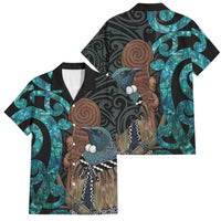 New Zealand Tui Bird Wahaika Family Matching Long Sleeve Bodycon Dress and Hawaiian Shirt Maori Weapon Paua Shell Koru Pattern LT22 Dad's Shirt - Short Sleeve Black - Polynesian Pride