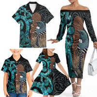 New Zealand Tui Bird Wahaika Family Matching Off The Shoulder Long Sleeve Dress and Hawaiian Shirt Maori Weapon Paua Shell Koru Pattern LT22 - Polynesian Pride
