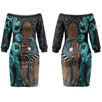 New Zealand Tui Bird Wahaika Family Matching Off The Shoulder Long Sleeve Dress and Hawaiian Shirt Maori Weapon Paua Shell Koru Pattern