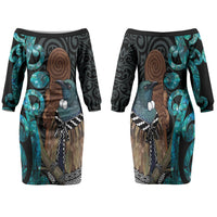 New Zealand Tui Bird Wahaika Family Matching Off The Shoulder Long Sleeve Dress and Hawaiian Shirt Maori Weapon Paua Shell Koru Pattern LT22 Mom's Dress Black - Polynesian Pride