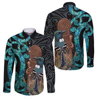 New Zealand Tui Bird Wahaika Family Matching Off The Shoulder Long Sleeve Dress and Hawaiian Shirt Maori Weapon Paua Shell Koru Pattern LT22 Dad's Shirt - Long Sleeve Black - Polynesian Pride