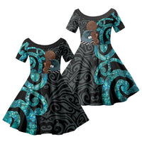 New Zealand Tui Bird Wahaika Family Matching Off The Shoulder Long Sleeve Dress and Hawaiian Shirt Maori Weapon Paua Shell Koru Pattern LT22 Daughter's Dress Black - Polynesian Pride