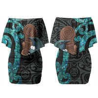 New Zealand Tui Bird Wahaika Family Matching Off Shoulder Short Dress and Hawaiian Shirt Maori Weapon Paua Shell Koru Pattern