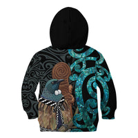 New Zealand Tui Bird Wahaika Kid Hoodie Maori Weapon Paua Shell Koru Pattern