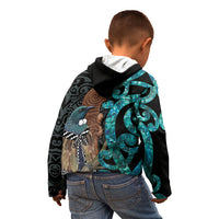 New Zealand Tui Bird Wahaika Kid Hoodie Maori Weapon Paua Shell Koru Pattern