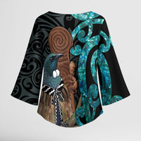 New Zealand Tui Bird Wahaika Kimono Sleeve Blouse Maori Weapon Paua Shell Koru Pattern