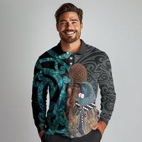 New Zealand Tui Bird Wahaika Long Sleeve Polo Shirt Maori Weapon Paua Shell Koru Pattern