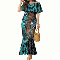 New Zealand Tui Bird Wahaika Mermaid Dress Maori Weapon Paua Shell Koru Pattern LT22 Women Black - Polynesian Pride