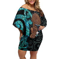 New Zealand Tui Bird Wahaika Off Shoulder Short Dress Maori Weapon Paua Shell Koru Pattern