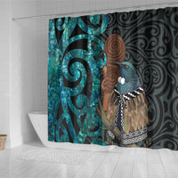 New Zealand Tui Bird Wahaika Shower Curtain Maori Weapon Paua Shell Koru Pattern