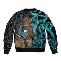 New Zealand Tui Bird Wahaika Sleeve Zip Bomber Jacket Maori Weapon Paua Shell Koru Pattern