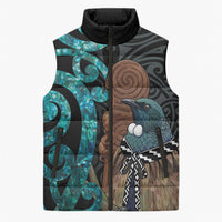 New Zealand Tui Bird Wahaika Sleeveless Puffer Jacket Maori Weapon Paua Shell Koru Pattern